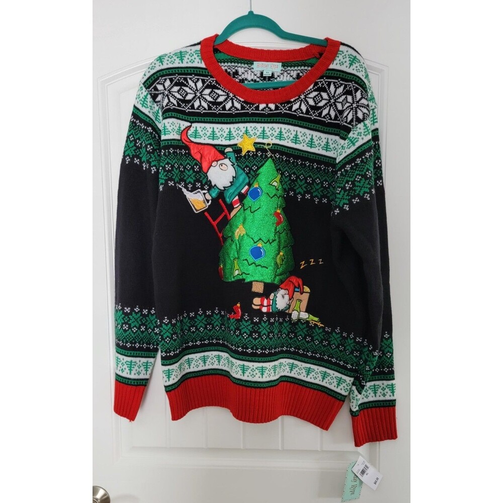Holiday Hype Men's Christmas Sweater 3D Appliqué Santa w Beer XL New w tags